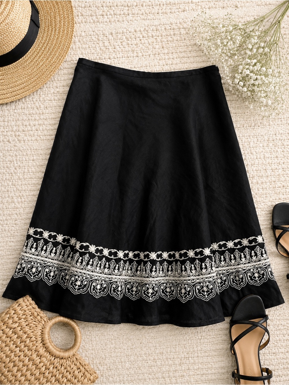 Rafaella Black Linen Blend Embroidered Midi Skirt Size 14 Boho Floral Sequin Hem